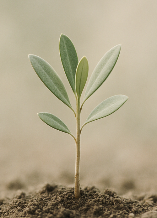 Young olive sapling with multiple green leaves growing from soil in soft natural light.