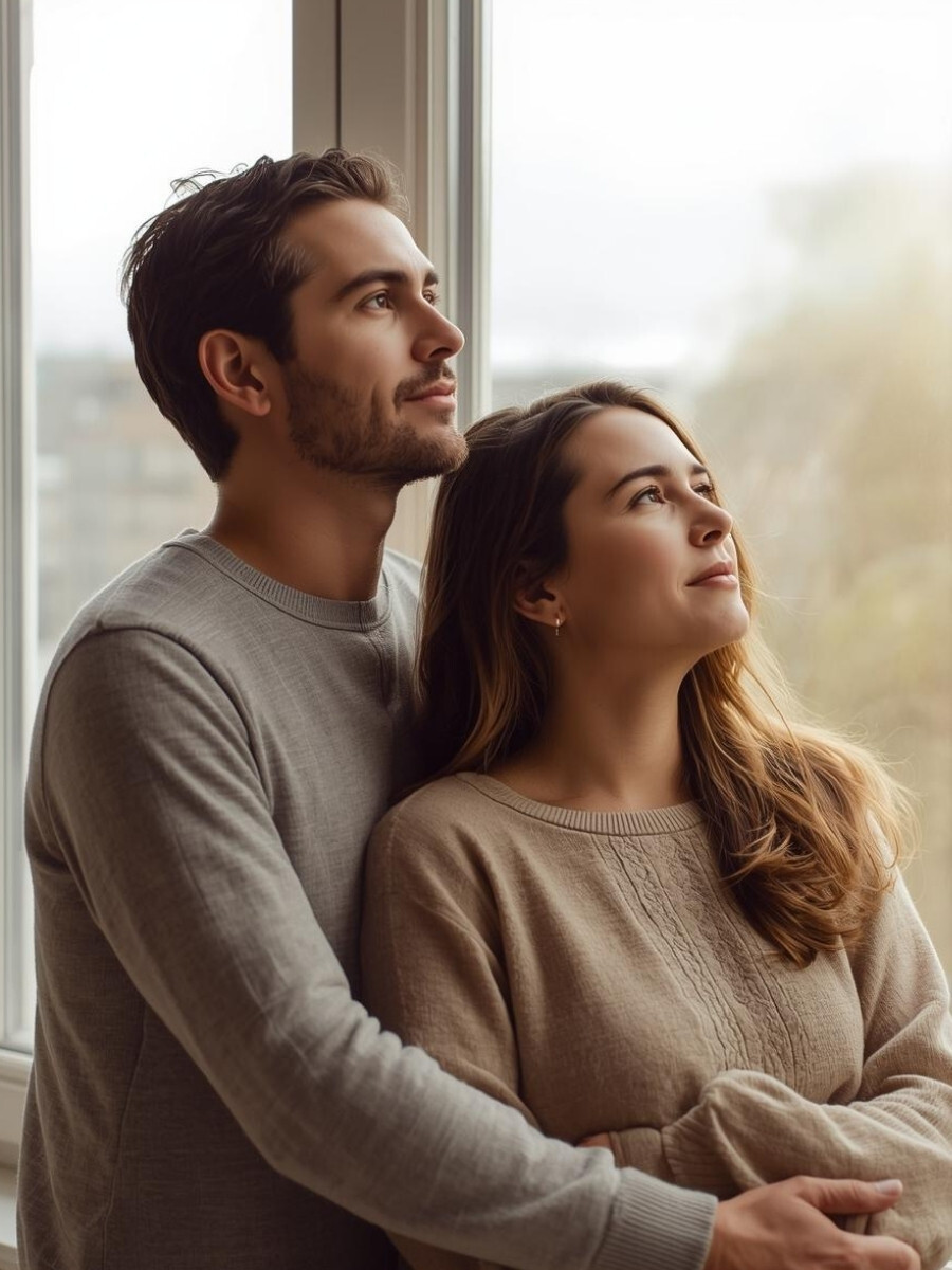 Couple standing together by a window, looking outward in a quiet, reflective setting associated with relationship counseling.