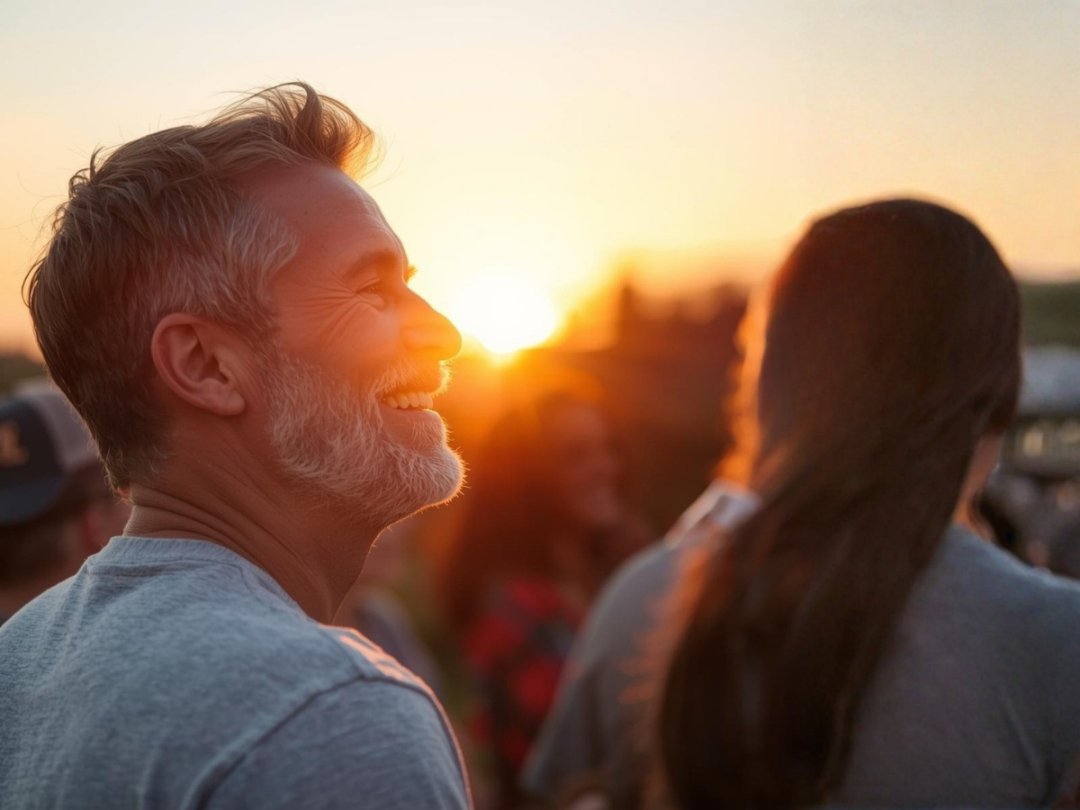 Middle-aged man standing outdoors at sunset, smiling softly while surrounded by others in a warm, reflective setting associated with personal growth and emotional well-being.