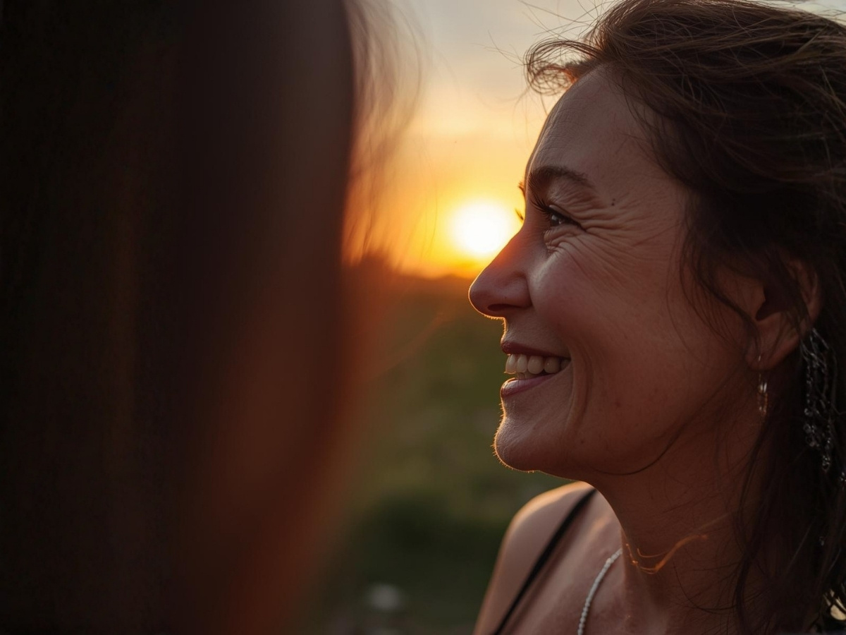 Woman smiling in profile outdoors at sunset, sharing a calm, reflective moment associated with emotional well-being and personal growth.