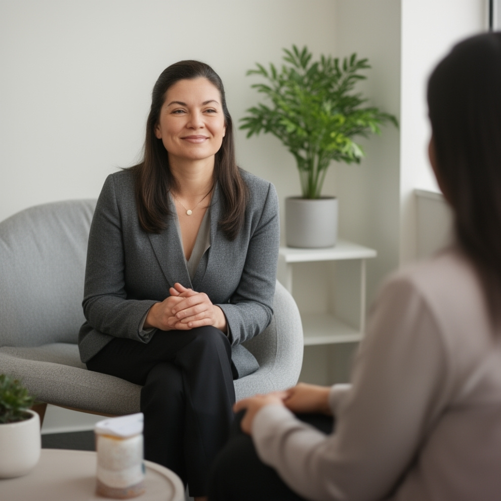 Therapist seated in a chair, smiling and listening while speaking with a client in a calm and professional counseling office setting.