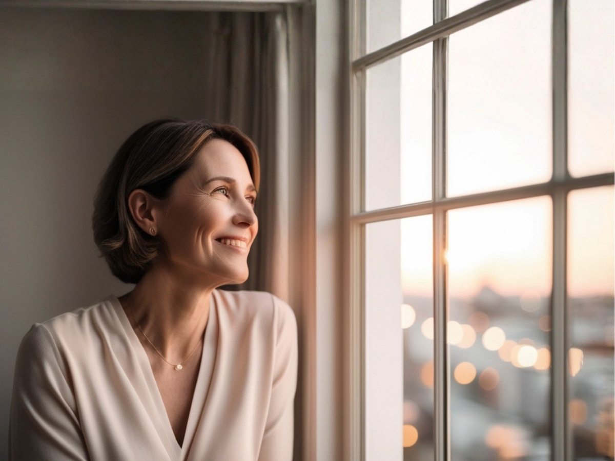 Woman standing by a window, smiling gently and looking outward in a calm, reflective setting associated with individual counseling and a hopeful future.