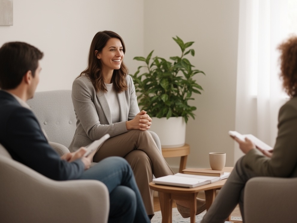 Couple seated together in a counseling office, speaking with a therapist in a calm and supportive professional setting associated with couples therapy and relationship support.