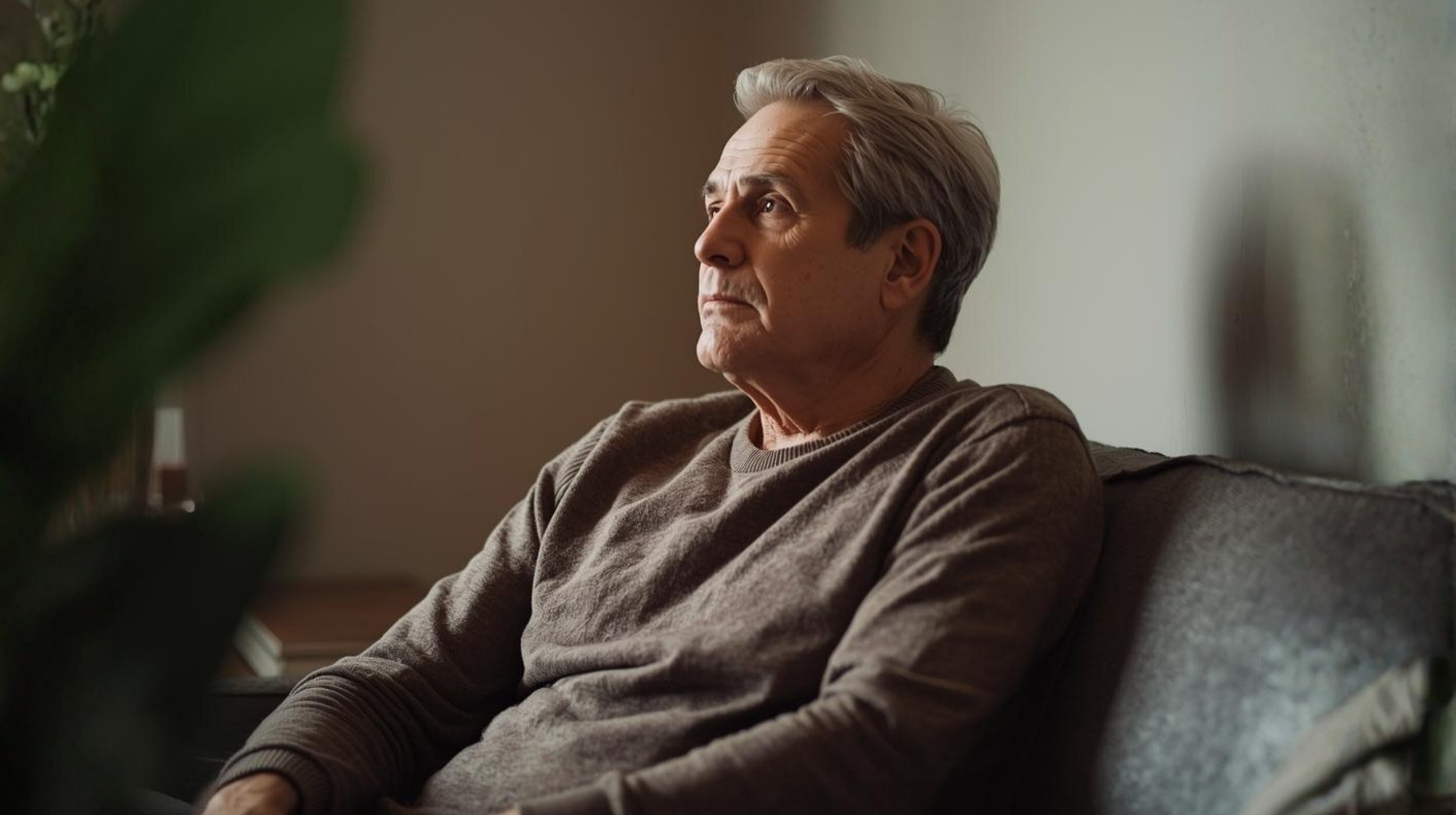 Older man seated indoors, looking ahead with a thoughtful expression in a quiet and supportive environment associated with individual counseling and emotional well-being.