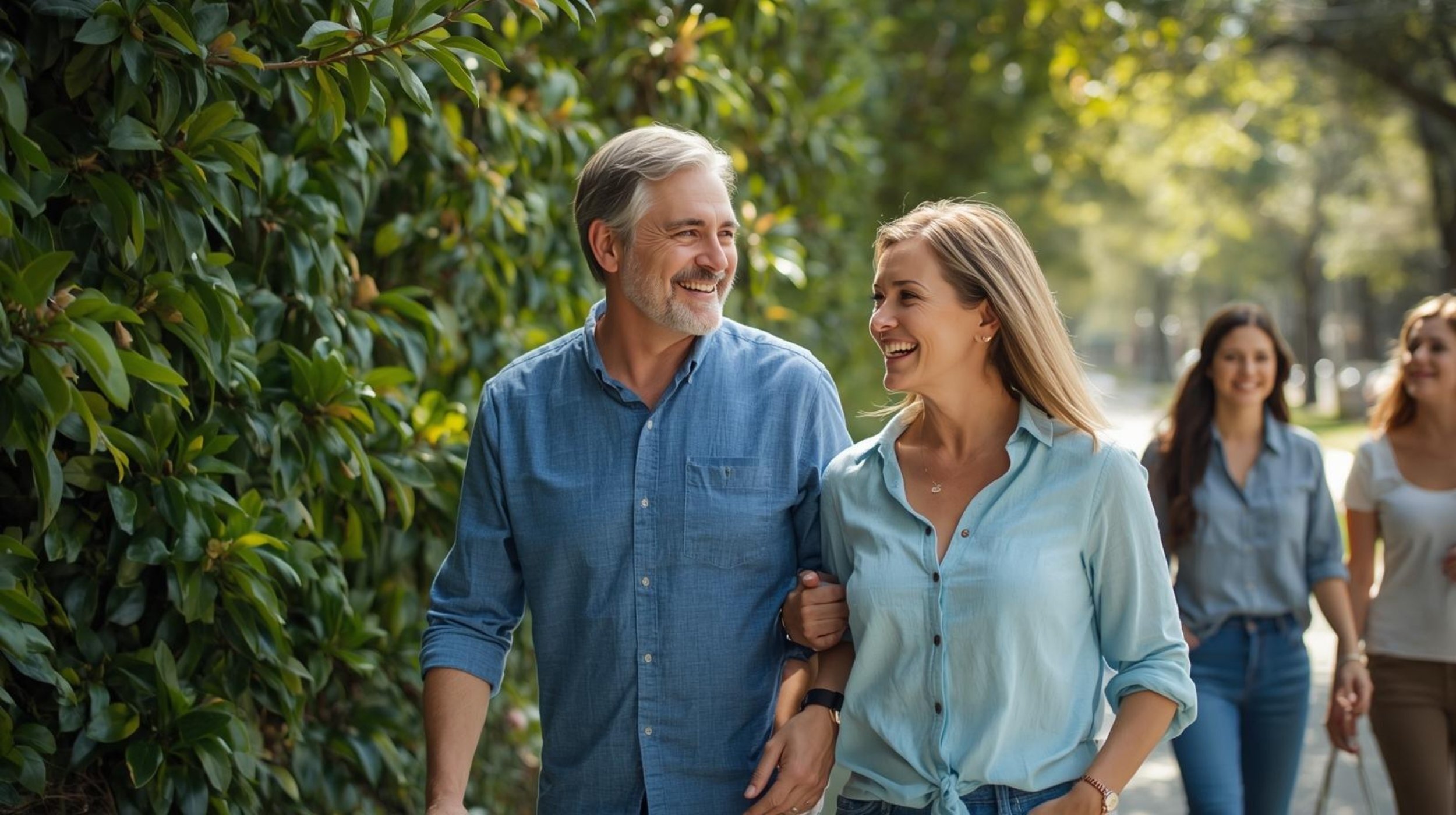 Couple walking arm in arm along a tree-lined path, smiling and talking in a relaxed outdoor setting associated with relationship support and connection.