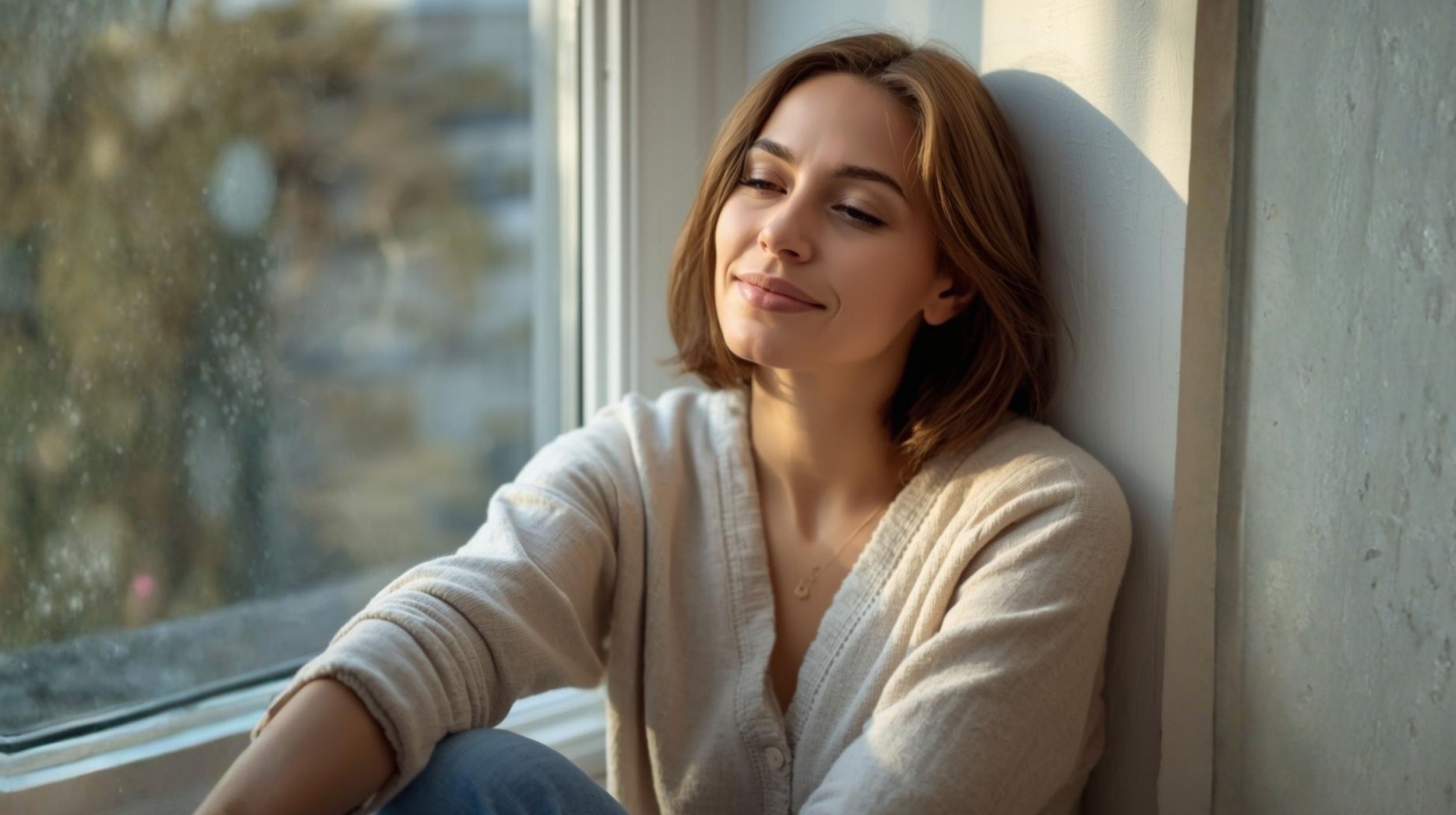 Woman sitting by a window with eyes closed, appearing calm and reflective in a peaceful indoor setting associated with emotional well-being and personal growth.
