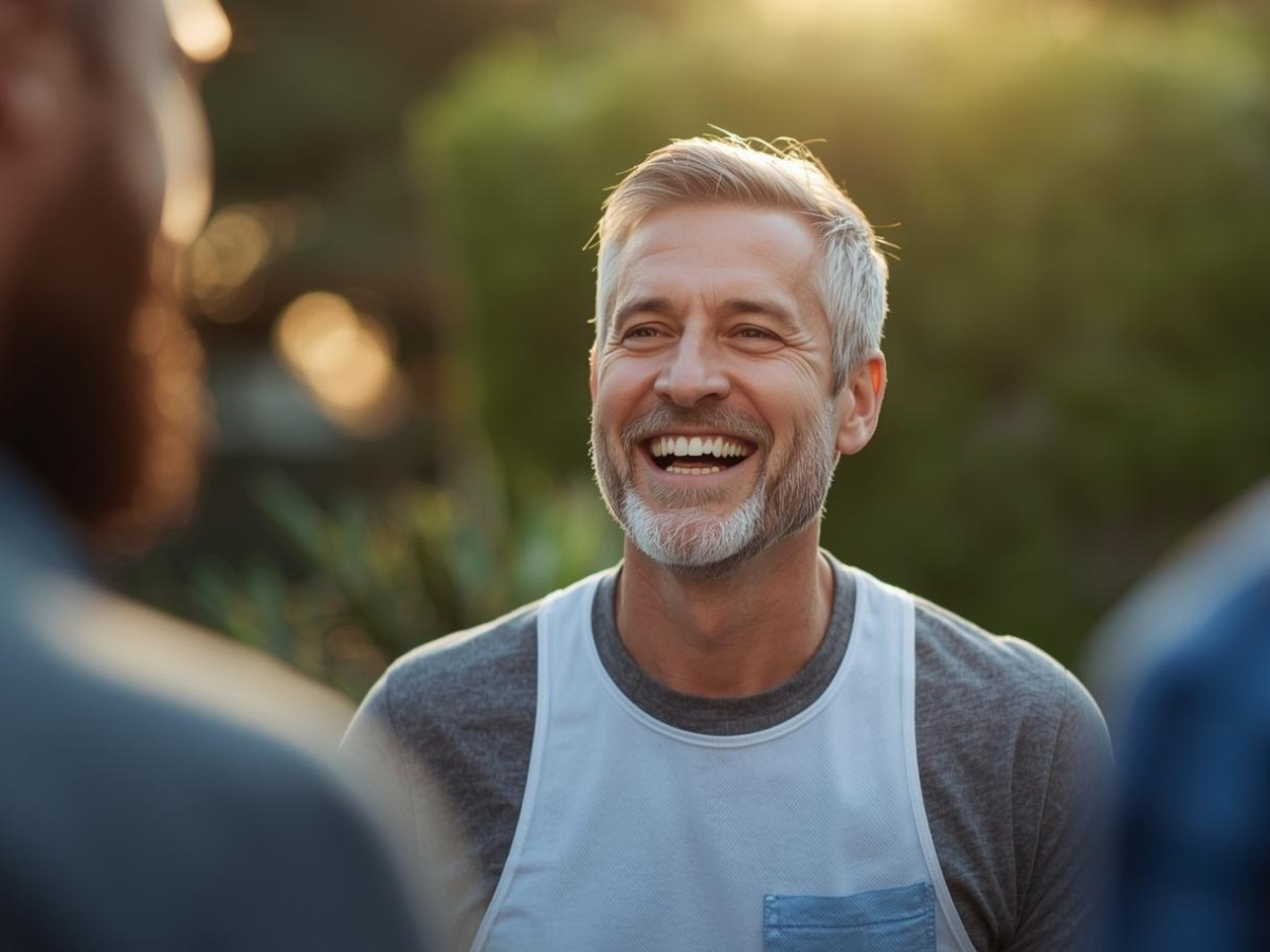 Man smiling and laughing outdoors while talking with others, appearing relaxed and connected in a natural setting associated with emotional well-being and personal growth.