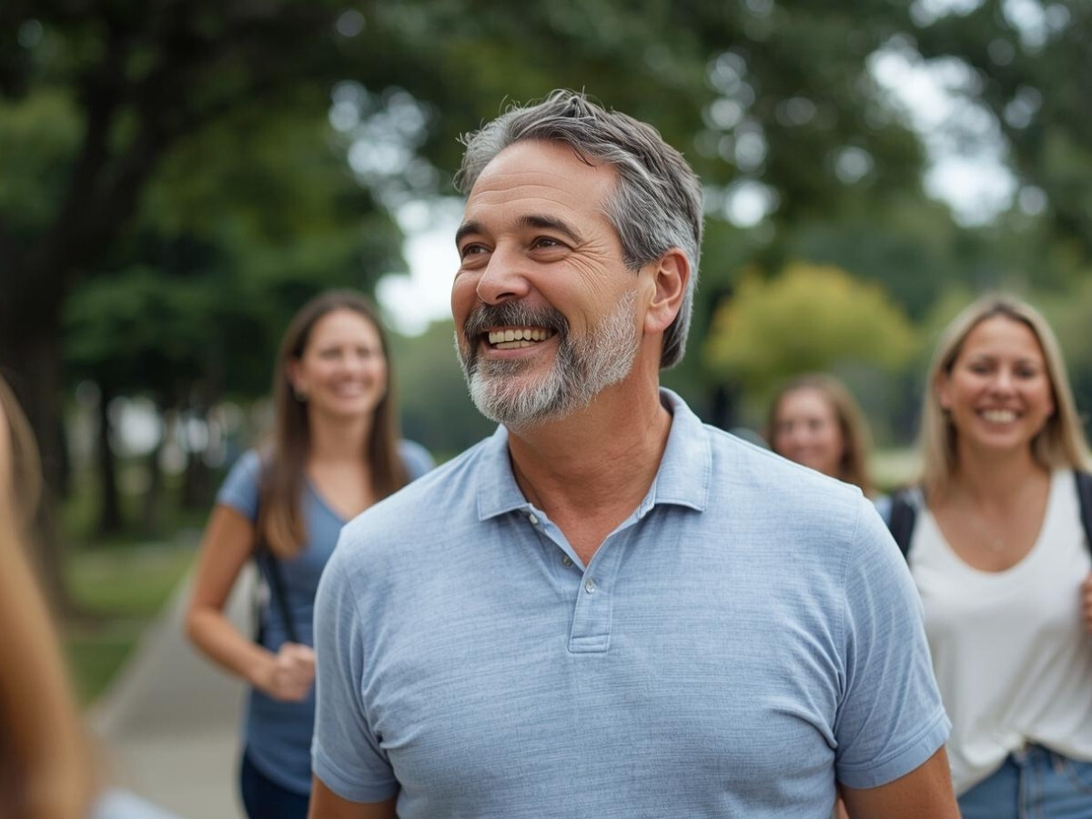 Man smiling while standing outdoors with others in the background, appearing relaxed and connected in a natural setting associated with emotional well-being and community support.