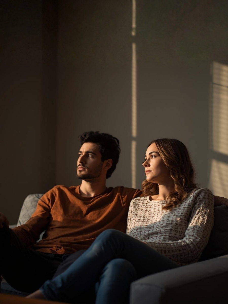 Couple sitting side by side on a couch, looking ahead thoughtfully in a calm indoor setting associated with relationship counseling and emotional support.