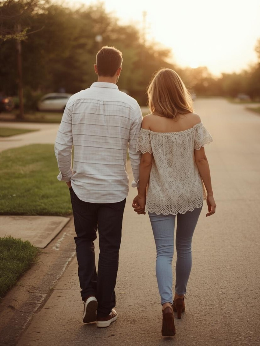 Couple holding hands while walking down a quiet neighborhood street at sunset, sharing a connected and supportive moment outdoors associated with relationship counseling.
