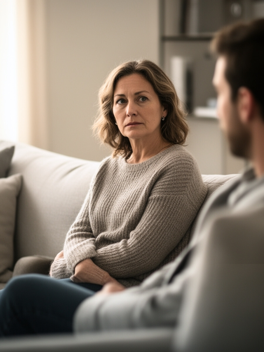 Woman sitting on a couch, looking attentively toward another person during a counseling session in a calm and supportive indoor setting.