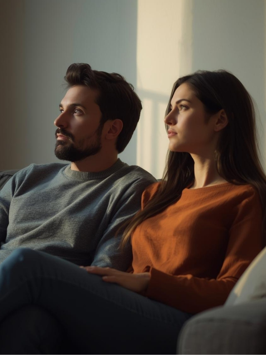 Couple sitting side by side on a couch, looking ahead thoughtfully in a calm indoor setting associated with relationship counseling and emotional support.