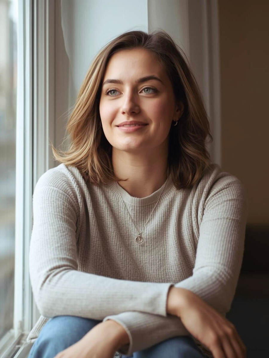 Woman sitting by a window with a gentle smile, appearing calm and reflective in a peaceful indoor setting associated with individual counseling and emotional well-being.