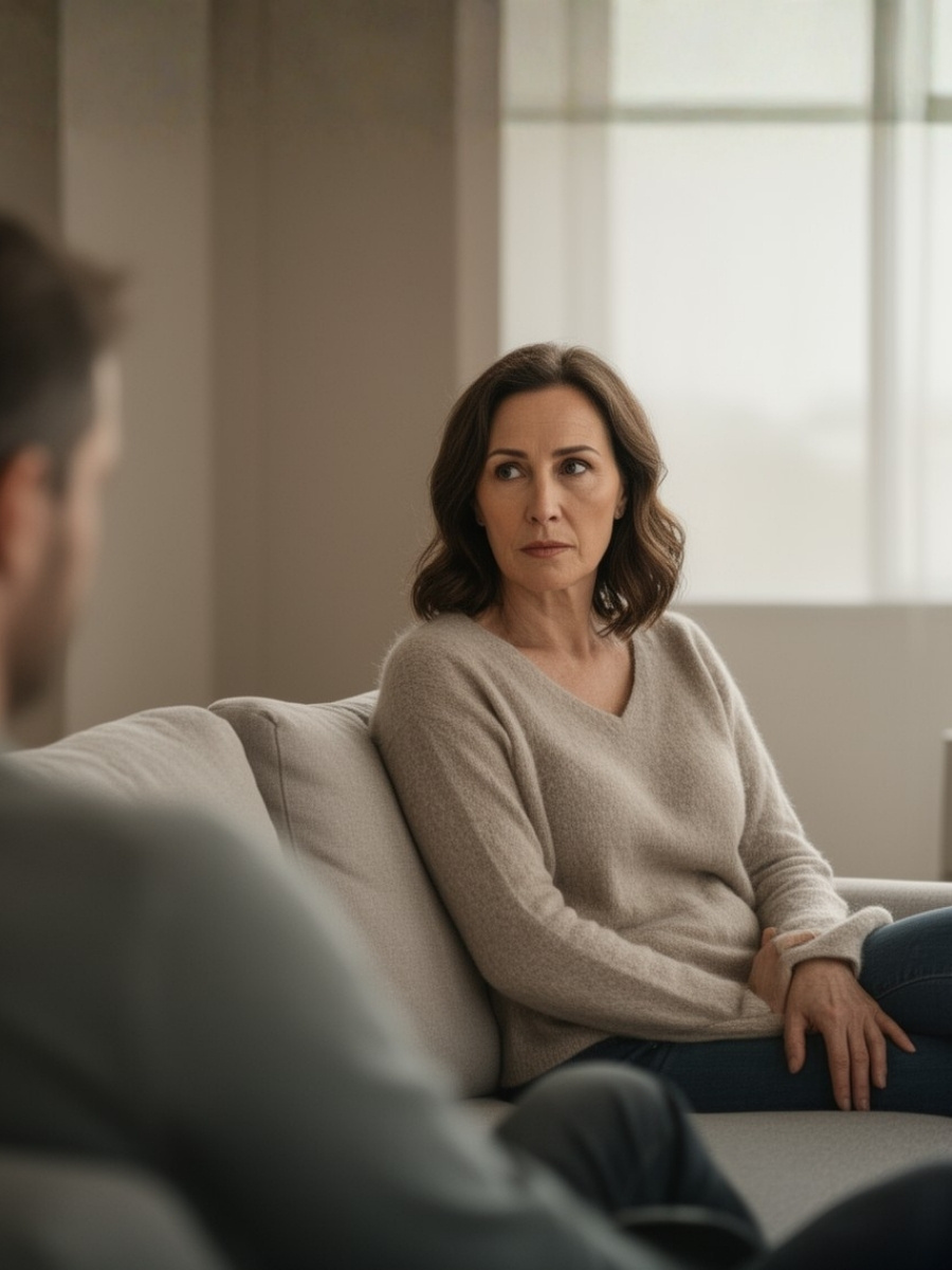 Woman sitting on a couch indoors, looking toward another person during a counseling session in a calm and supportive setting.