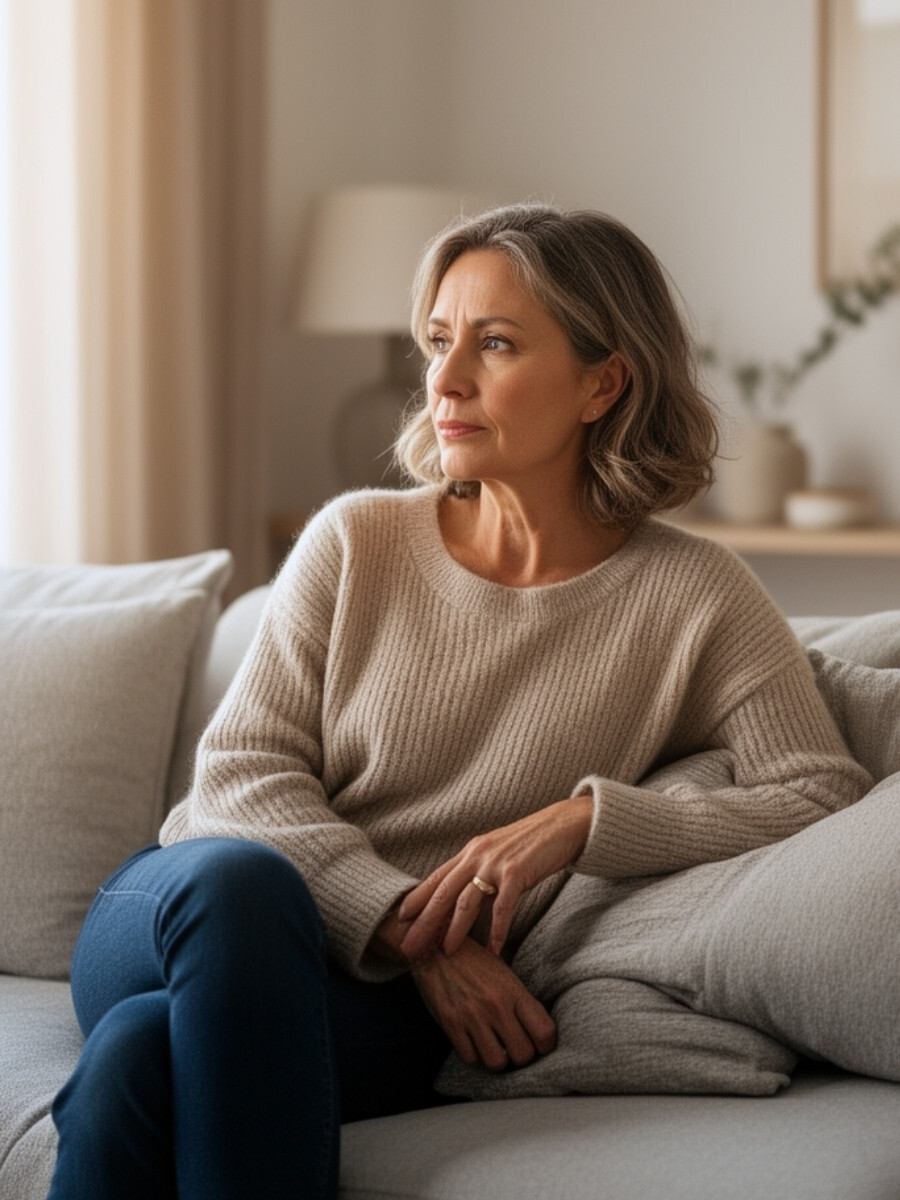 Woman sitting on a couch indoors, looking thoughtfully to the side in a peaceful home environment associated with individual counseling and emotional reflection.